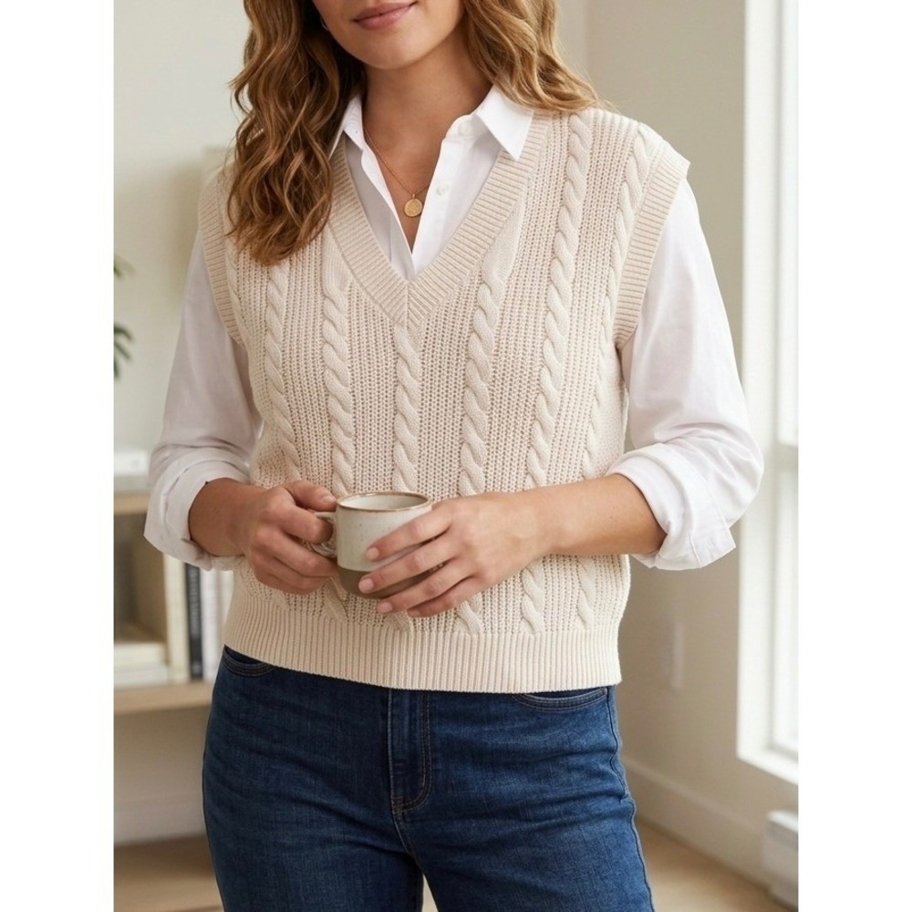 Jessica Simpson Womens Cream Cable Knit V-Neck Cotton Sweater Vest XL SC113